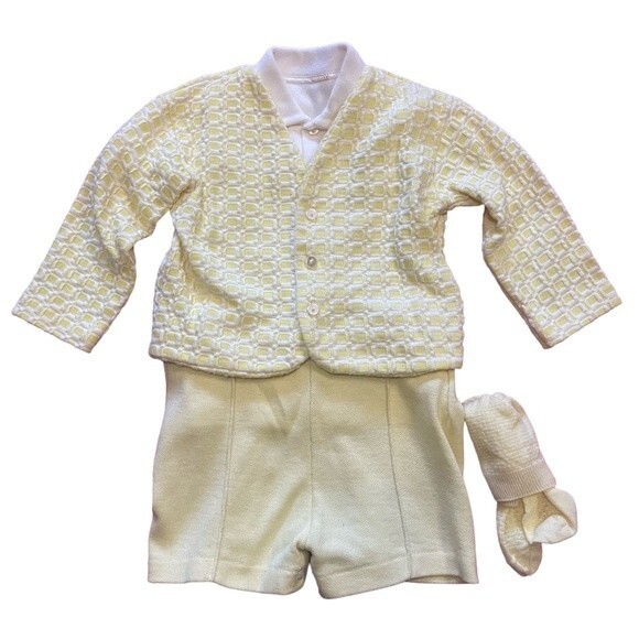 Vintage Heir Craft Yellow Baby Toddler Boy Outfit Shirt Overalls Jacket Socks - Picture 3 of 8